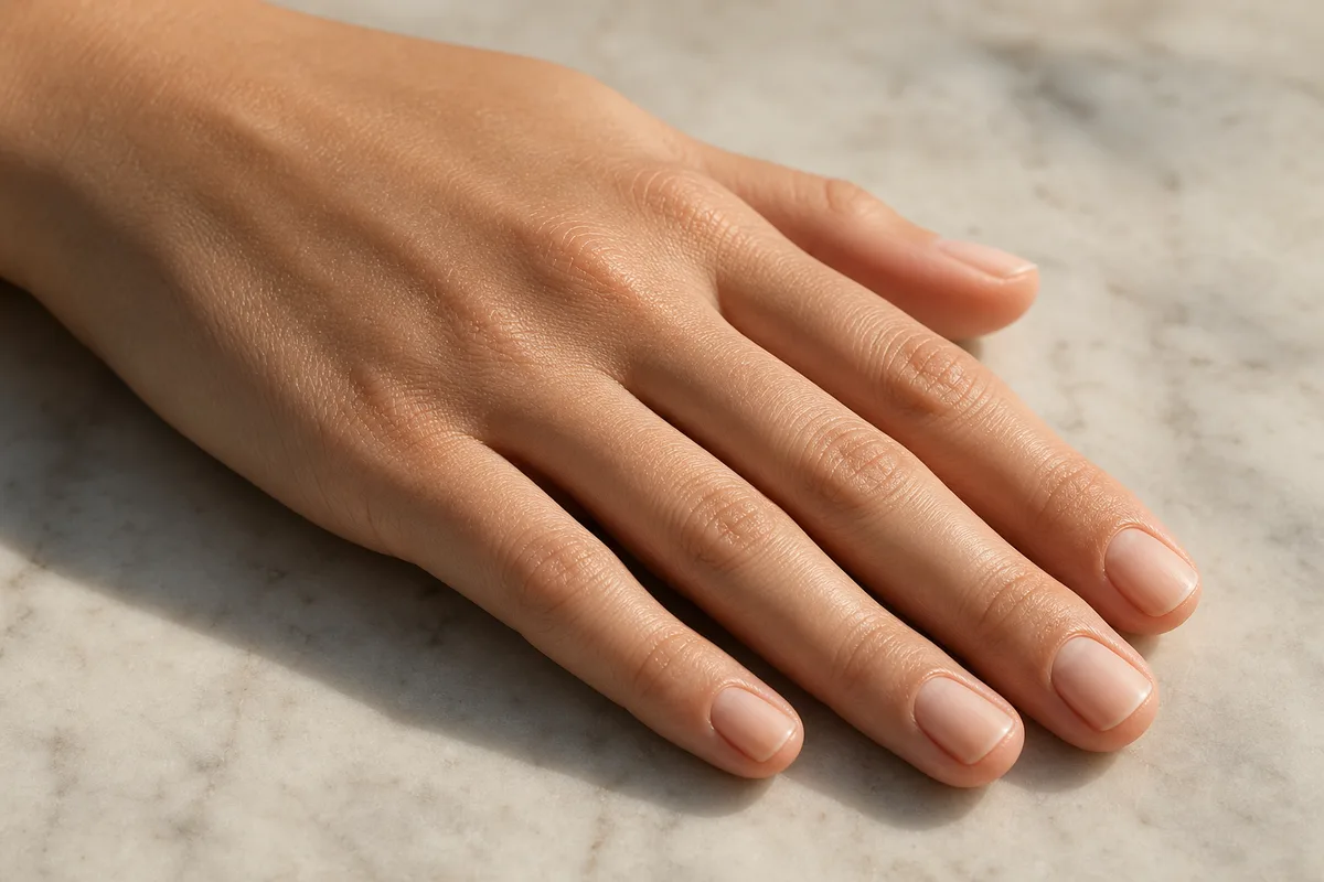 Main de dos aux ongles courts en forme carrée arrondie, lumière naturelle douce