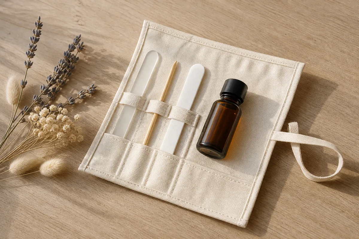 Trousse de manucure ouverte sur une table en bois, limes et polissoir alignés
