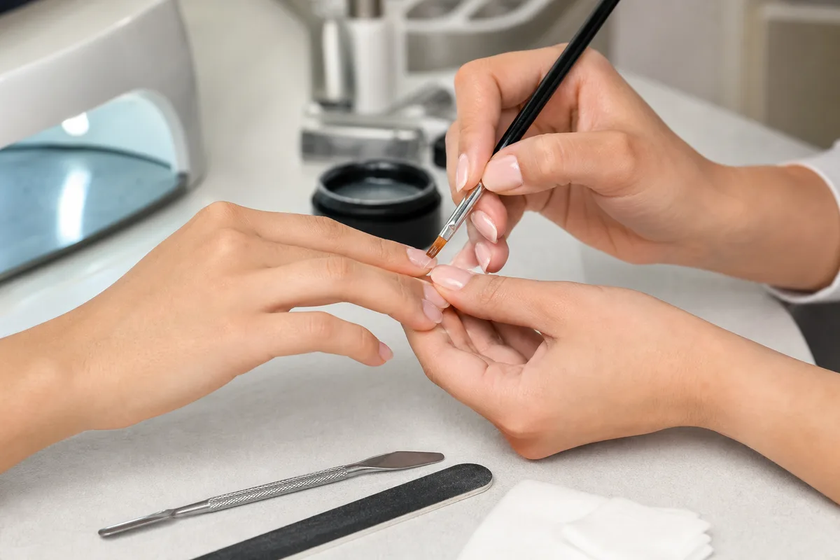 Prothésiste ongulaire réalisant une pose de gel en institut