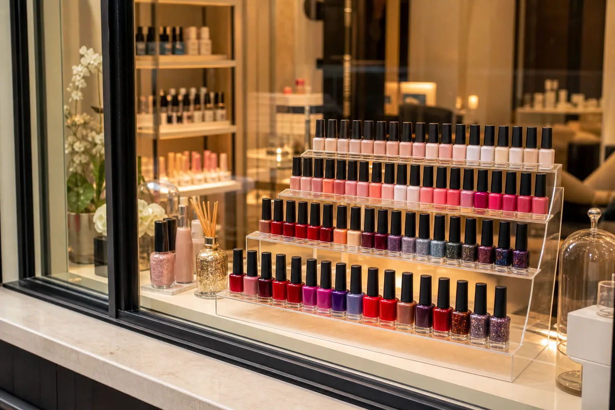 Vitrine d’un institut de beauté avec présentoir de vernis semi-permanent