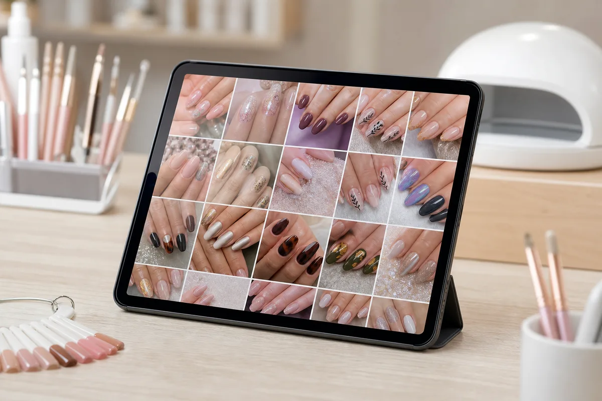 Book de réalisations nail art présenté sur une tablette lors d’un entretien