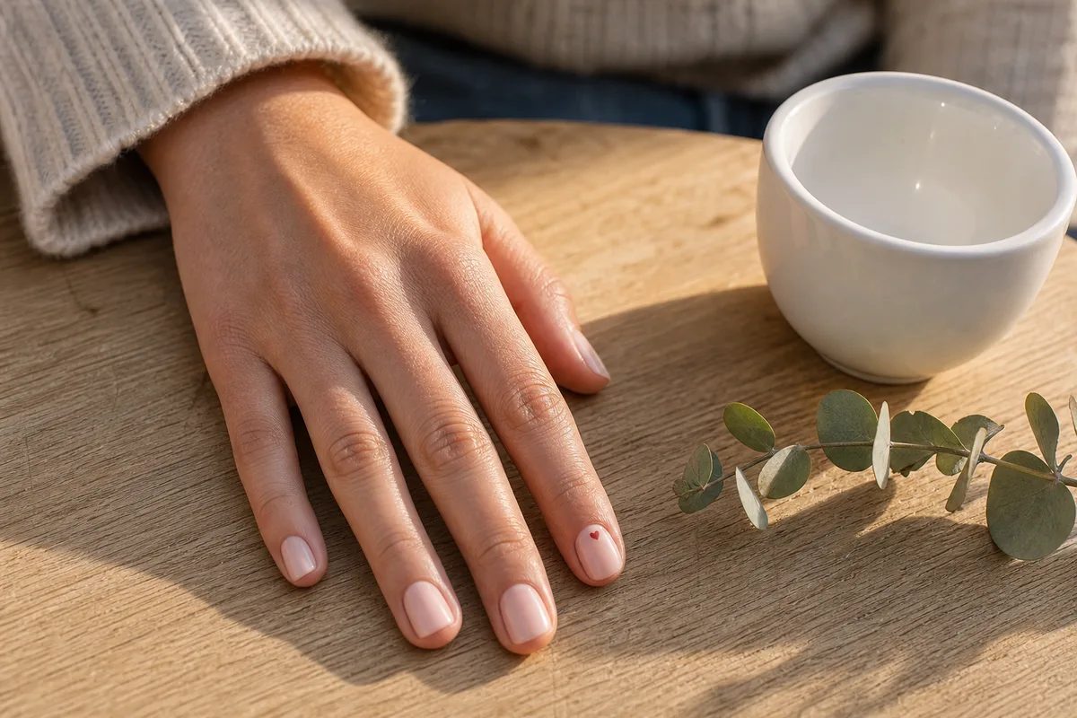 Main aux ongles nude avec un petit cœur rouge peint sur l&rsquo;annulaire, posée sur une table en bois clair