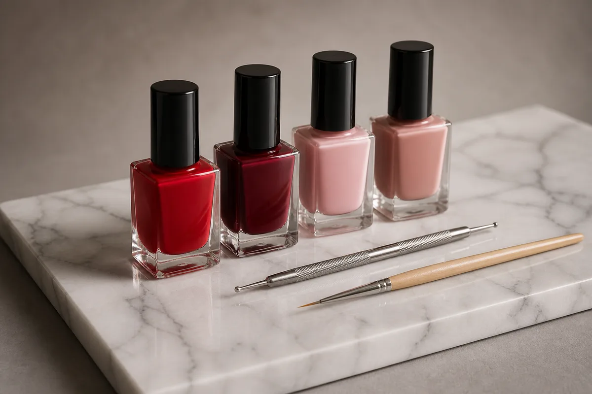 Flacons de vernis rouge, bordeaux et rose poudré alignés sur un plateau en marbre avec un dotting tool