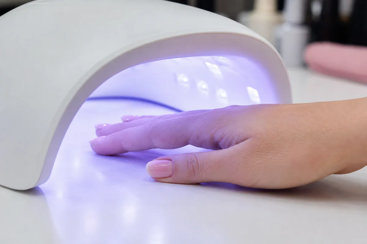 Main sous une lampe LED pendant la polymérisation d’une couche de gel